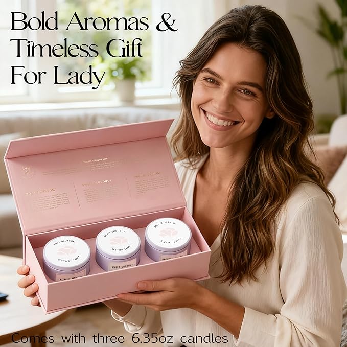 Luxury Candle Gift Set for Women – Luxury Candle Box with 3 Scented Soy Candles in Pink Box – Birthday, Housewarming, Valentine’s & Galentine’s Gift - Bloomnest