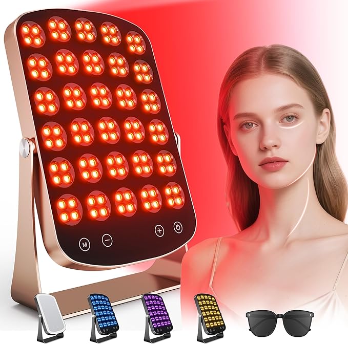 Red Light Therapy Panel, 460/590/660/850nm 4-Color Light Mode, 120 LEDs Facial Infrared Light Therapy Devices with Lighted Makeup Mirror, Timer, Portable Red Light Therapy for Face, Body, Pain Relief Morfone