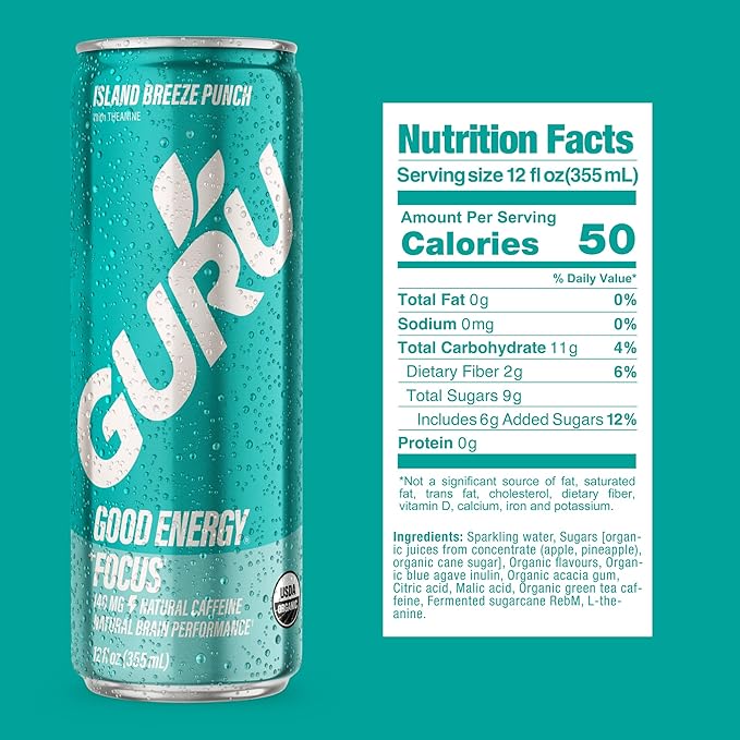 GURU PUNCH Organic Energy Drinks Variety Pack, Clean Energy Drink with Plant Based Natural Caffeine from Green Tea + Focus w/L-Theanine, Gluten Free, 140mg Caffeine, Healthy Drinks, 12oz (Pack of 12) - Bloomnest