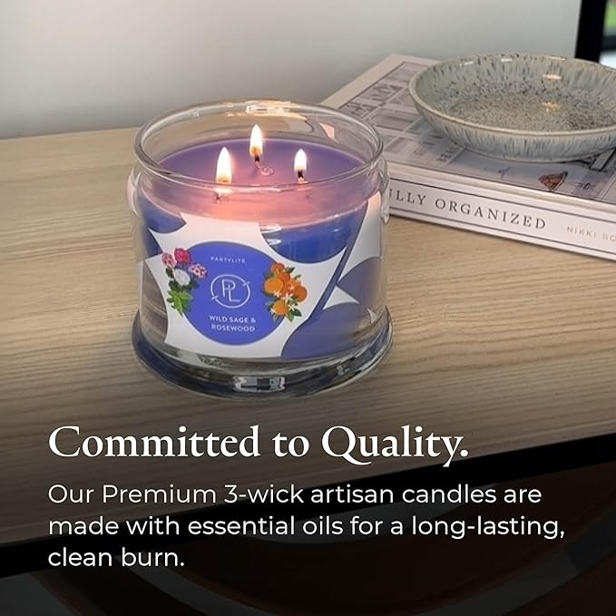PartyLite Wild Sage & Rosewood Scented, Notes of Sage Leaf, Rosewood, Geranium Petals and Lemongrass, 13.2oz 3-Wick Jar Candle, 45 Hour Burn Time, Luxurious Fragrance, Ideal for Gifting - Bloomnest