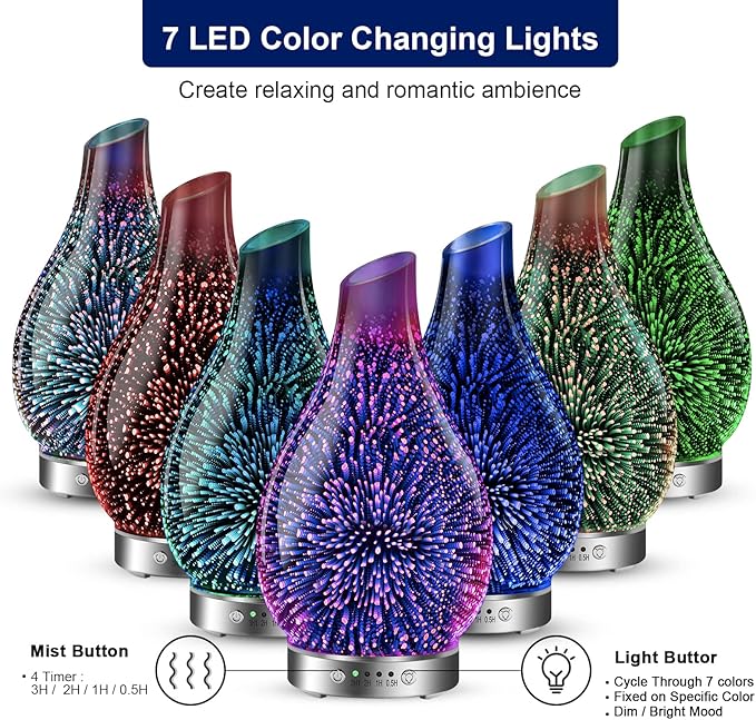 MAXWINER Essential Oil Diffusers Ultrasonic 3D Glass Aromatherapy Diffuser, Auto Shut-Off, Timer Setting, 7 Colors LED Lights Changing for Home, Office, Spa 120ml - Bloomnest