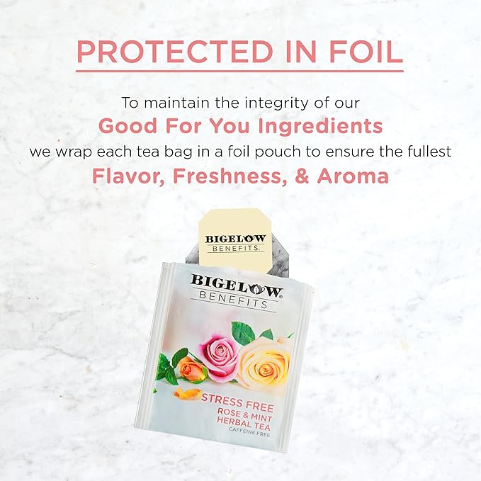 Bigelow Benefits Stress Free Rose & Mint Herbal Tea, Caffeine Free, 18 Count (Pack of 6), 108 Total Tea Bags - Bloomnest