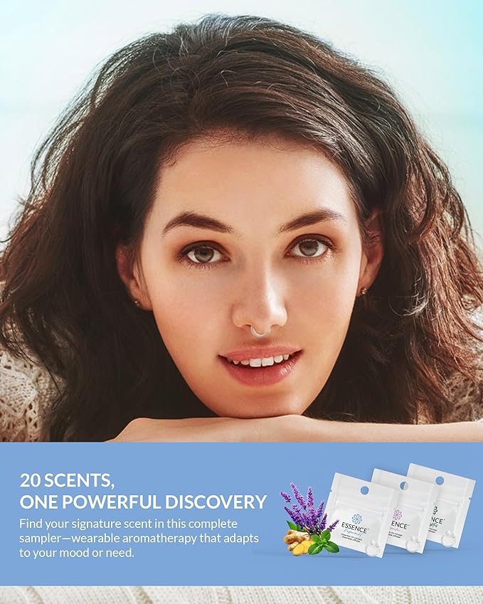 Essence Nasal Diffuser Ring Try-All Sample Pack - 20 Essential Oil Nose Ring Inhalers for Focus, Calm & Mood Support - Find Your Signature Wearable Aromatherapy Scent for Travel, Work & Self-Care - Bloomnest