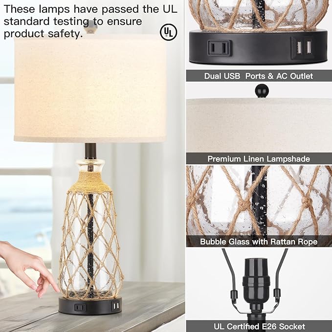 25.5" Coastal Glass Table Lamps Set of 2, 3-Way Dimmable Touch Control Bedside Lamps with 2 USB Ports and AC Outlet, Clear Nautical Nightstand Lamp for Bedroom Living Room (LED Bulbs Included) - Bloomnest