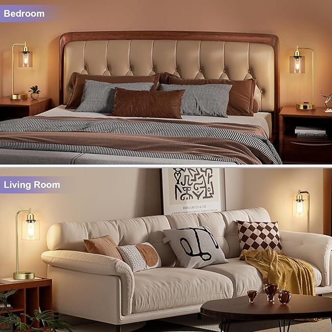 Innqoo Industrial Gold Table Lamp for Bedrooms Set of 2-3-Way Dimmable Desk Lamp with USB C+A Ports and Outlet, Gold Lamps with Clear Glass Shade for Living Room, Desk Lamps for Home Office - Bloomnest