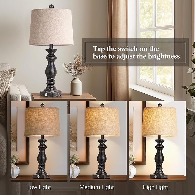 24.5" Table Lamp Set of 2, Rustic Farmhouse Bedside Lamps with USB A+C Charging Ports, 3-Way Dimmable Touch Control Nightstand Lamps for Living Room Bedroom, Antique Black, LED Bulbs Included - Bloomnest