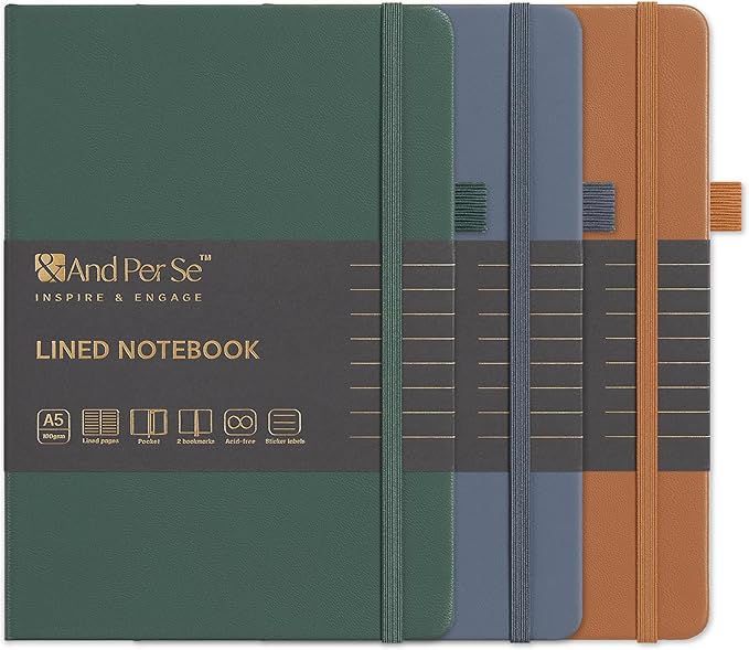 &And Per Se Lined Journal Notebook (3 Packs), 160 Pages 100GSM Thick Paper, A5 Hardcover College Ruled Journals for Writing, 5.7'' x 8'' (Brown, Blue & Green)