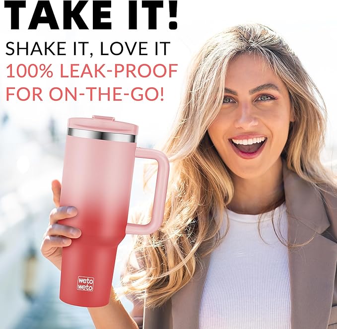 WETOWETO 40oz Tumbler with Handle | Insulated Stainless Steel Travel Mug | 34Hrs Cold & 10Hrs Hot Retention | 100% Leakproof Lid & Straw | Dishwasher Safe + Car Cup Holder Fit (Pink-Red Gradient) - Bloomnest