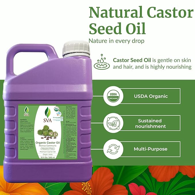 SVA Castor Seed Oi Organic - 32 Fl Oz – 100% Natural Cold Pressed Organic Castor Oil - for Face, Skin Care, Hair Care, Scalp Massage & Body Massage - Bloomnest