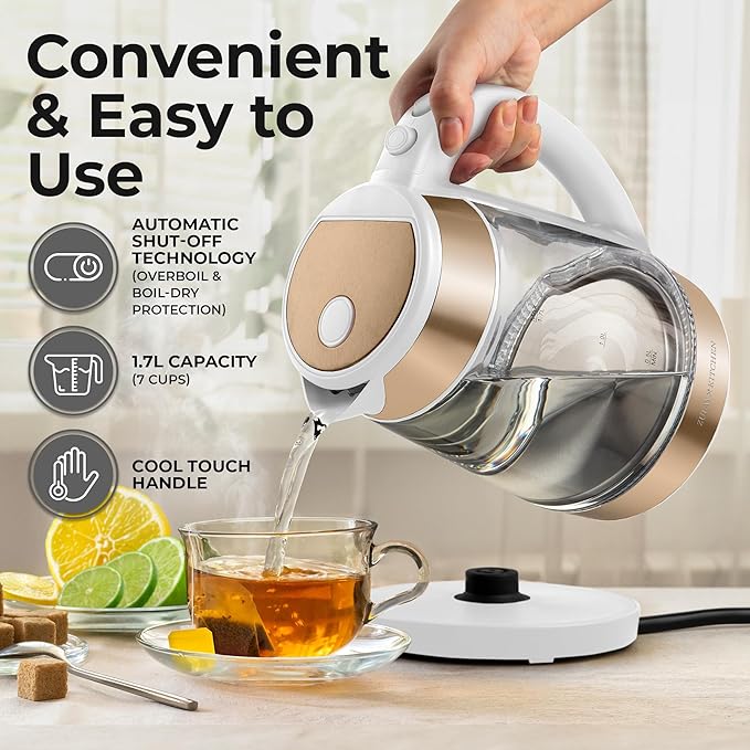 Zulay Kitchen Fast Boiling Electric Water Kettle - 1.7L, 1500W, Auto Shut-Off for Overboil & Boil Dry Protection, Cool-Touch Handle, 360° Base - Rapid Teapot Boiler For Coffee & Tea - White Copper - Bloomnest