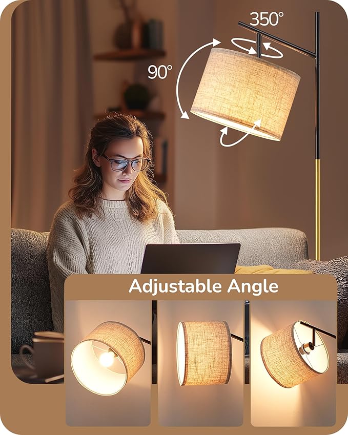 EDISHINE Modern Floor Lamps for Living Room, 64.7" Minimalist Standing Lamp with 3 Color Temperatures Bulb & Adjustable Linen Shade, Foot Pedal Switch, Arc Tall Lamp for Bedroom Office, Black Gold - Bloomnest