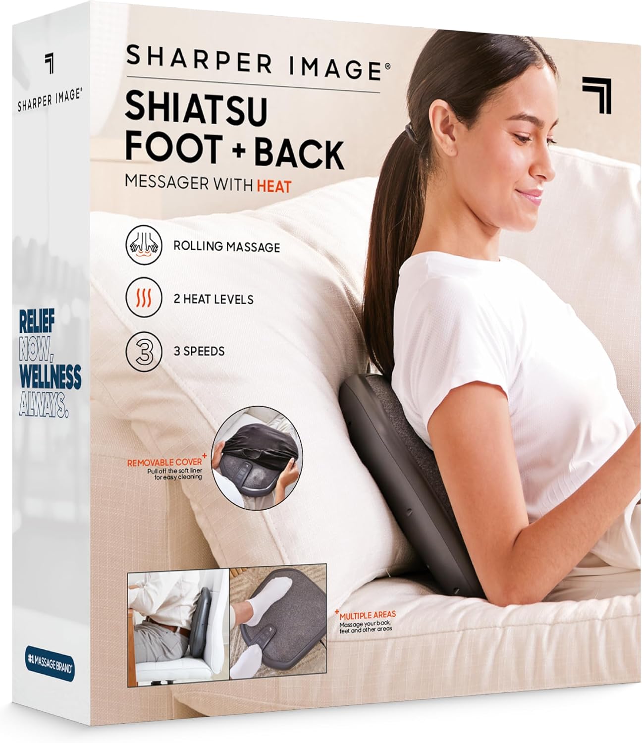 Sharper Image® Shiatsu Foot + Back Massager with Heat & Washable Cover| Portable Kneading Deep Tissue Massage Tool| Heating Pad Massage Pillow