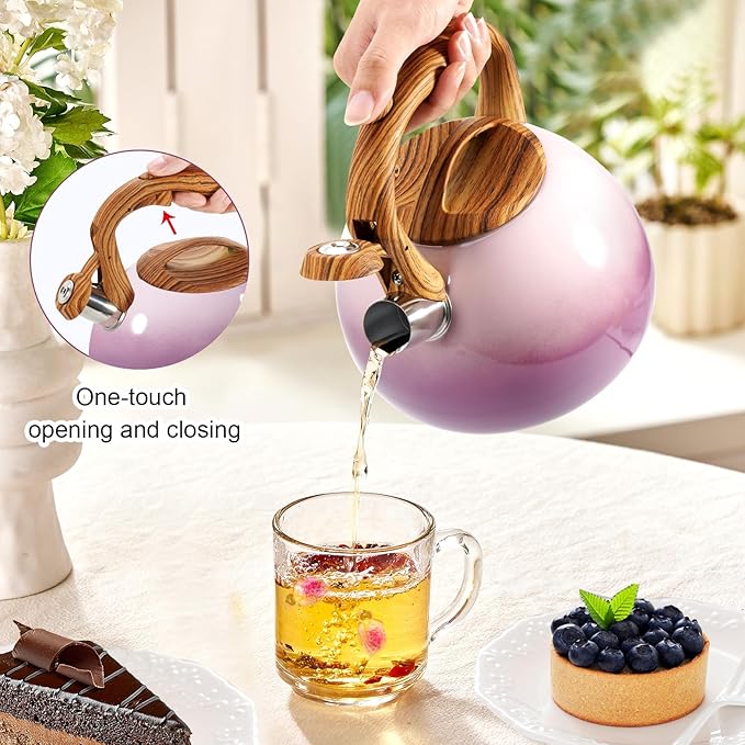 GGC Tea Kettle for Stove Top, 3.1QT/3L Whistling Tea Kettles for Boiling Water Coffee or Milk, Purple Tea Pot with Wood Parttern Handle, Stainless Steel Tea Pot for Home and Kitchen - Bloomnest