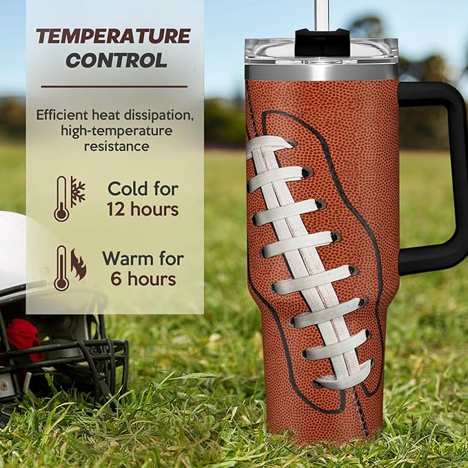 SANDJEST Football Tumbler with Handle 40oz Insulated Stainless Steel Cup with Lid & Straw, Travel Cup, Gifts for Men, Boys, Players, Coaches, Sports Lovers, Christmas, Birthday - Bloomnest