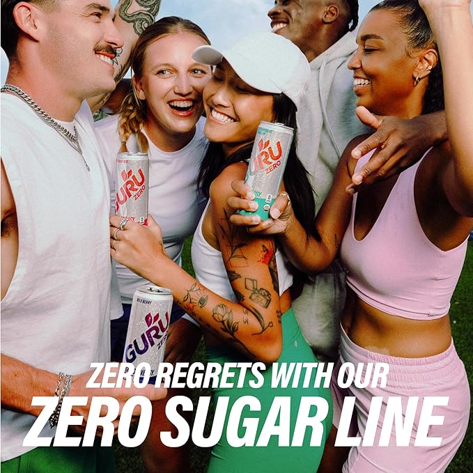 GURU ZERO SUGAR Wild Strawberry Watermelon Organic Energy Drinks, Clean Energy Drink with Plant Based Natural Caffeine from Green Tea, Coconut Water, Prebiotic, Zero Added sugars, Gluten Free and Vegan, Pre Workout, Healthy Drinks, 12oz (Pack of 24) - Bloomnest