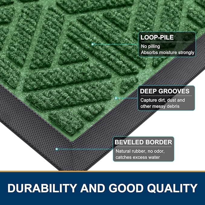Smiry Front Door Mat Outside Entrance, Heavy Duty Sturdy Natural Rubber Doormat, Trap Dirt and Moisture, Easy Clean Low Profile Mats for Indoor Outdoor Entry, Grid Geometric (36x24, Green) - Bloomnest