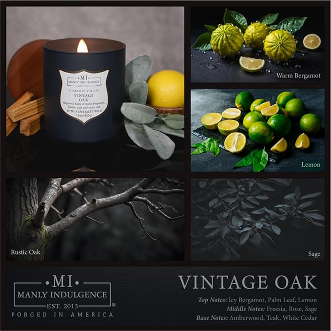 Manly Indulgence Vintage Oak Scented Candles for Men, 15 oz Wooden Wick, Premium Soy Blend Wax, 60H Burn, Candles for Home Scented - Made in The USA - Bloomnest