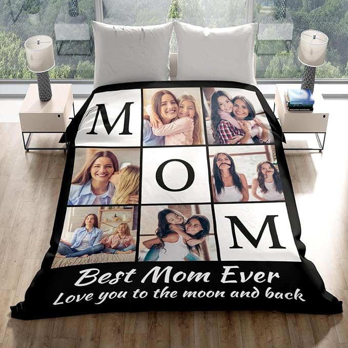 Custom Mom Blanket with 6 Photos Personalized Blanket with Pictures Customized Throw Gifts for Mom Grandma Photo Throw Blanket for Birthday Mother's Day - Bloomnest