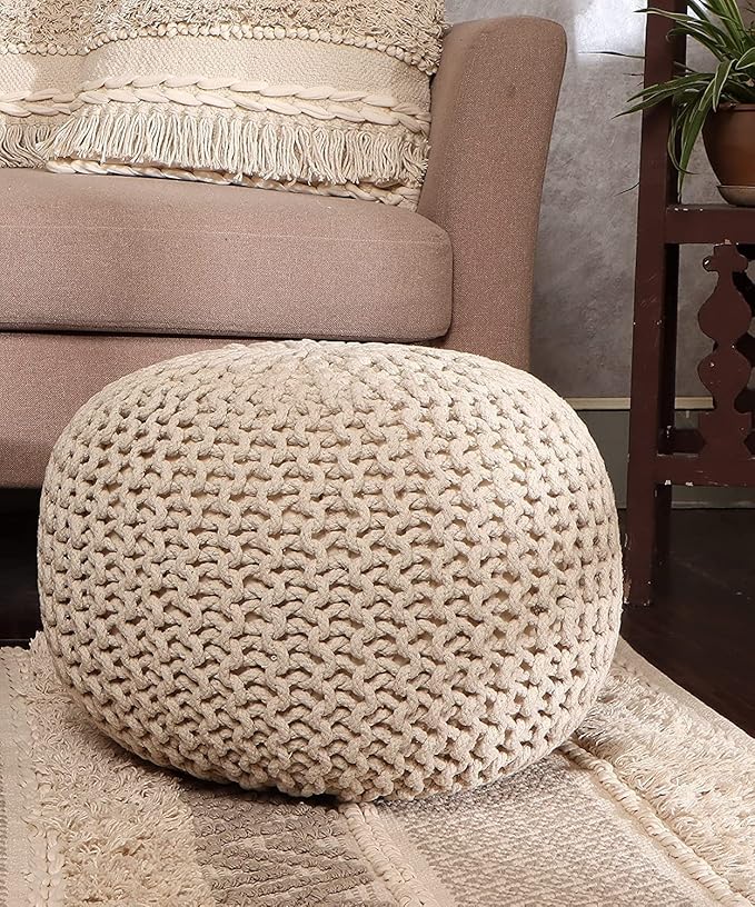 REDEARTH Round Pouf Ottoman - Cable Knitted Boho Poof - Home Décor Cord Pouffe Handmade Circular Footrest for Living Room - Bedroom - Kids Bedroom - 100% Cotton Pouf (18" x 18" x 14") - Ivory - Bloomnest