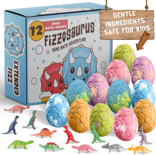 All Natural Bath Bombs for Kids with Surprise Toys Inside- 12 Pack Organic Dinosaur Bath Bombs with Toys Inside - Dino Bath Bomb for Kids