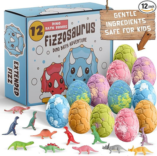 All Natural Bath Bombs for Kids with Surprise Toys Inside- 12 Pack Organic Dinosaur Bath Bombs with Toys Inside - Dino Bath Bomb for Kids - Bloomnest