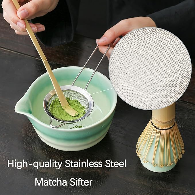 Japanese Matcha Set, Matcha Bowl with Spout, Matcha Whisk and Holder, Bamboo Matcha Scoop and Stainless Steel Sifter - 5 Pcs Gradient Green Matcha Kit for Matcha Lover - Bloomnest