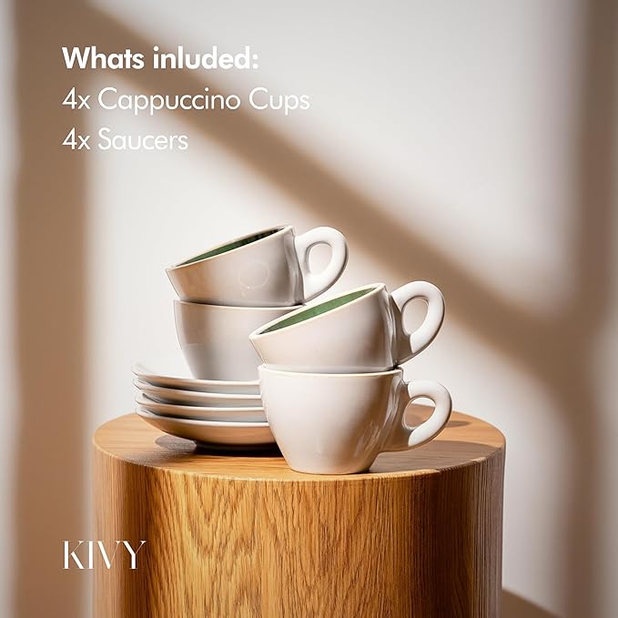 KIVY Cappuccino cups [4x 8oz] - Thick-walled stoneware cappuccino cup set for latte art - Latte mugs - Latte cup set - Small coffee cups - Latte art cup - Ceramic latte cup and saucer set of 4 - Bloomnest