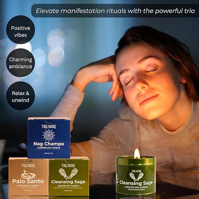 Cleansing Sage, Palo Santo, Nag Champa - Soy Candles Non Toxic - Highly Scented Long Lasting with Essential Oils - Variety Pack of 3 x 5oz - for Home Aromatherapy Meditation Gift Travel TRUMIRI