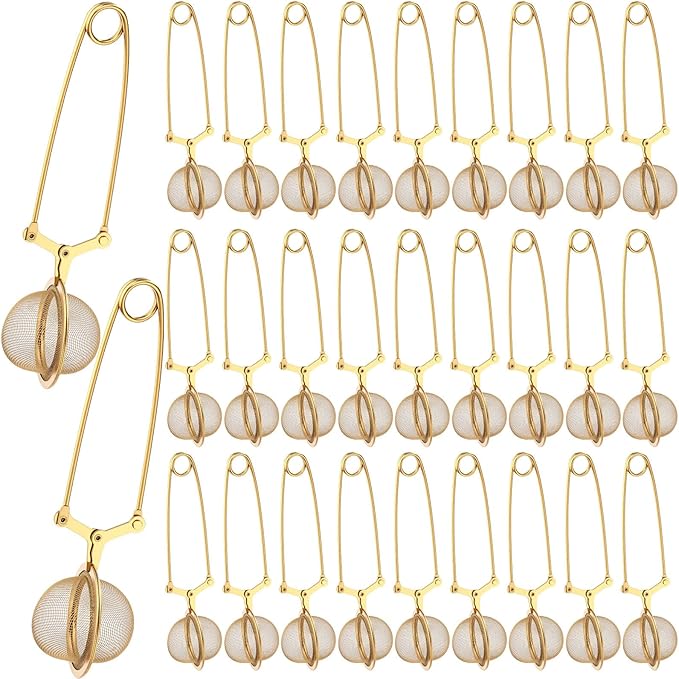 Yinder 30 Pcs Loose Leaf Tea Infuser Stainless Steel Mesh Snap Tea Ball Strainers with Handle Metal (Gold)