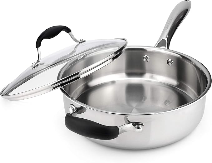 AVACRAFT 18/10 Tri-Ply Stainless Steel Saute Pan with Lid, Helper Handle, Induction & Stovetop, Versatile Stainless Steel Skillet, Cookware (3.5 Quarts) - Bloomnest