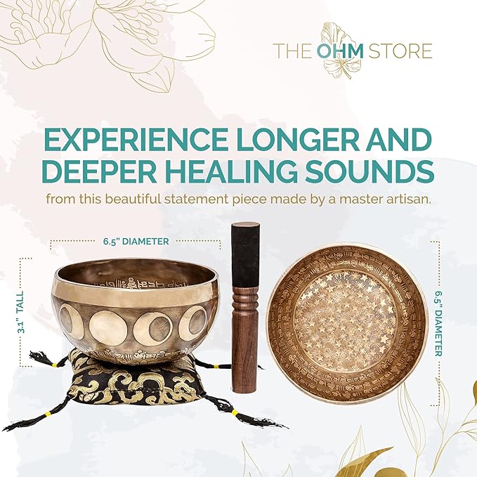 Ancient Design Large Tibetan Singing Bowl Set by Ohm Store — Relaxing Deep Tone Meditation Sound Bowl and Wooden Mallet Handcrafted in Nepal — Inner Space Bowl 6.5 Inch - Bloomnest