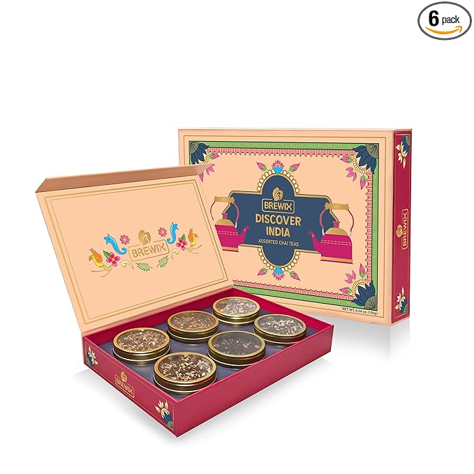 BREWIX, Discover India Premium Black Tea Christmas Gift Box (6.34oz/90+ Cups) | Tea Gift Sets For Tea Lover | 6 Unique Chai Teas | Best for Birthdays, Anniversaries & Holidays - Bloomnest