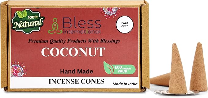 Bless International Coconut 100%-Natural-Incense-Cones Handmade-Hand-Dipped Organic-Chemicals-Free for-Purification-Relaxation-Positivity-Yoga-Meditation The-Best-scents (20 Count) BlessInternational