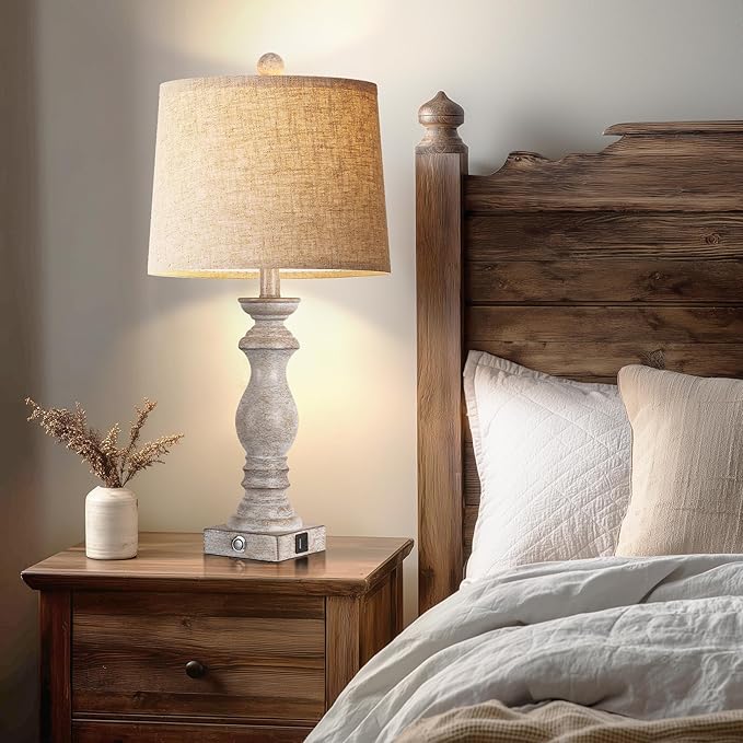 24.5" Table Lamp Set of 2, Rustic Farmhouse Bedside Lamps with USB A+C Charging Ports, 3-Way Dimmable Touch Control Nightstand Lamps for Living Room Bedroom, Antique Grey White, LED Bulbs Included - Bloomnest