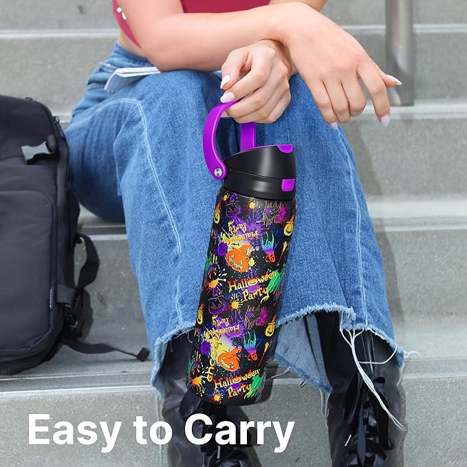 Encool SwiftSip Insulated Stainless Steel Water Bottle with Straw - Leak Proof Sports Water Bottle for School, Travel, Keeps Cold All Day, One-Touch Flip Lid, BPA-Free, 32 oz, Ghost Party ENCOOL