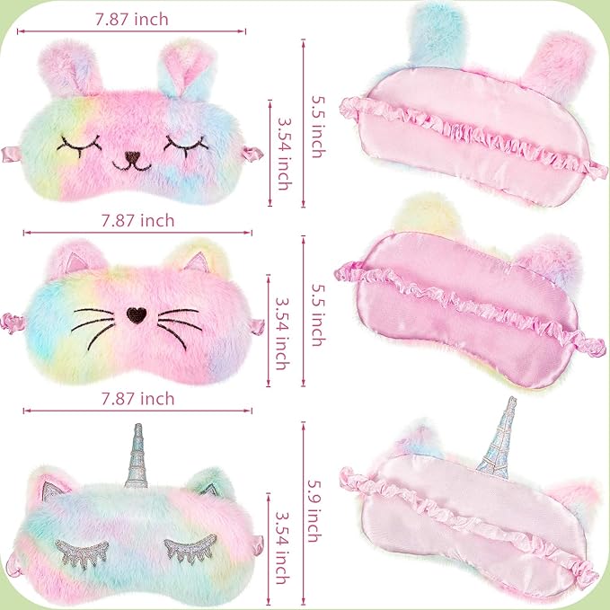 3 Pieces Sleep Mask for Kids, Girls Plush Sleeping Eye Cover Soft Eye Blindfold Cover Animal Shade for Kids(Rainbow Color,Bunny, Cat and Unicorn Style) - Bloomnest