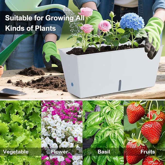 Window Box Planter 6 Pcs, 16.5 Inches Self Watering Rectangle Flower Plant Pots with Drainage Holes Trays, Vegetable Planters for Windowsill Patio Garden Balcony Porch Yard (White) - Bloomnest