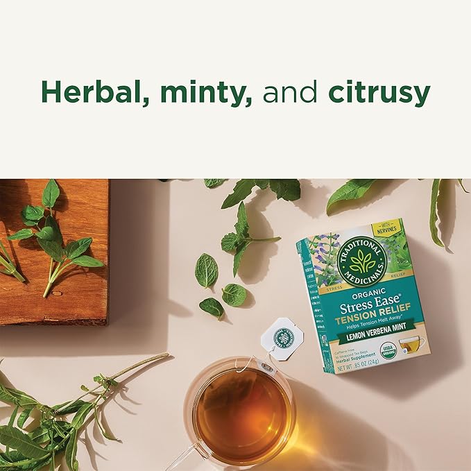 Traditional Medicinals Organic, Stress Ease Tension Relief, Lemon Verbena Mint Tea - Supports Stress Relief - Kosher, Non-GMO, Caffeine-Free, Compostable - 16 Count (Pack of 2) - Bloomnest