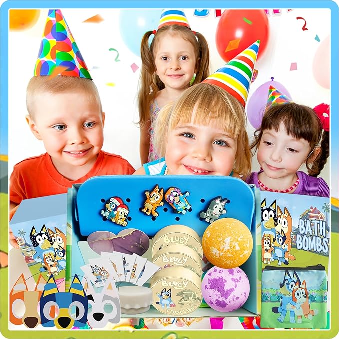 The Blue Heelers Gifts Set: Bath Bombs with Toys Inside, Shower Steamers, Felt Masks, Tattoos, Rubber Bag, Shoe Charms, Collapsible Cup, Storage Bag, Coloring, Gift Card&Sticker, Kids Best Gifts - Bloomnest