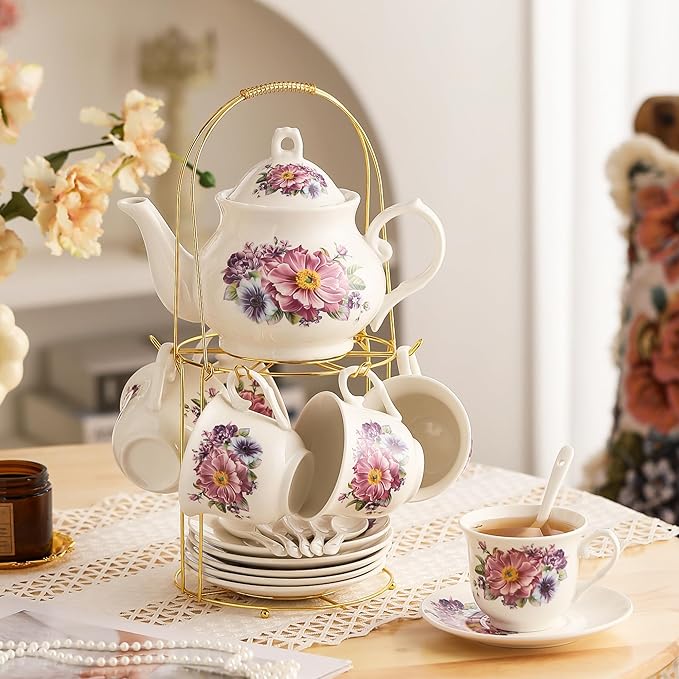 20-Pieces Tea Set For Adult with Golden Metal Rack,Porcelain Tea Sets For Women,Tea Gift Sets for Home&Party(K018) - Bloomnest