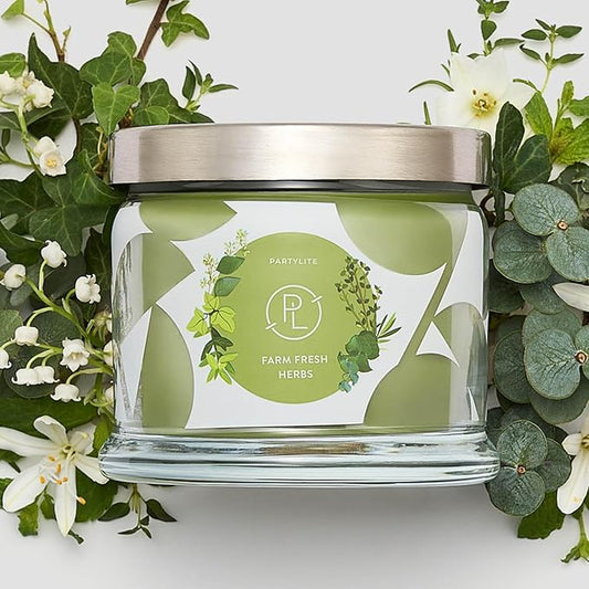 PartyLite Farm Fresh Herbs Scented, Notes of Eucalyptus, Thyme, Garden Mint, Cedarwood & Patchouli, 13.2oz 3-Wick Jar Candle, 45 Hour Burn Time, Luxurious Fragrance, Ideal for Gifting - Bloomnest