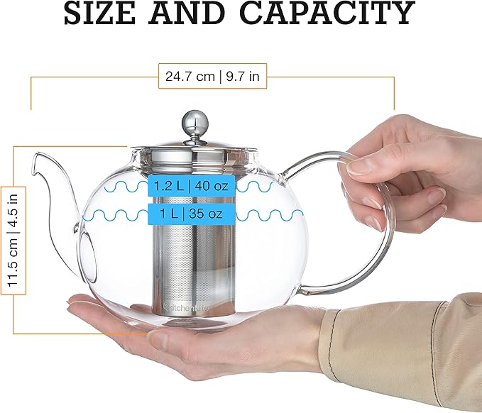 Glass Teapot Set with 4 Double Wall Teacups & Removable Stainless Steel Infuser - Microwave Dishwasher Safe Clear Blooming Loose Leaf Teas, Tea Maker Gift - Bloomnest