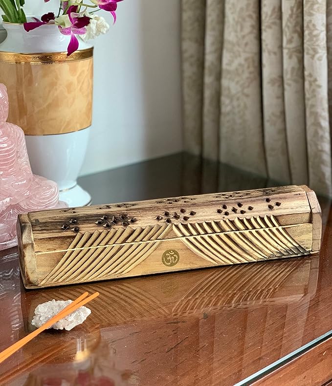 Wooden Incense Stick & Cone Burner Holder Coffin with Storage Compartment Organic Eco Friendly Ash Catcher Agarbatti Holder Rustic Style for Meditation Yoga Aromatherapy Home Fragrance Products - Bloomnest