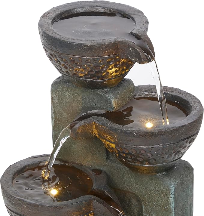 Alpine Corporation TZL412 14" Stoned Jar Cascading Water Fountain with LED Lights – Elegant Tabletop Water Feature for Home, Office, Living Room, Bedroom, and Desk Décor, Gray - Bloomnest
