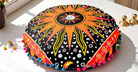 CRAFT KALA Boho Large Floor Pillow Pouf Cover Mandala Meditation Room Pillow Cover for Adults Round Bohemian Seating Pouf Cushion Cover for Kids Playroom 22" Orange Burning Sun - Bloomnest