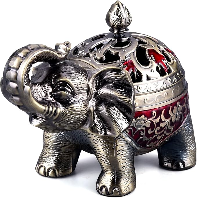 K COOL Metal Backflow Incense Holder Elephant Cone Incense Burner Candle Holder with Lid, Aromatherapy Ornament Home Office Decoration for Indoor Outdoor (Red) - Bloomnest