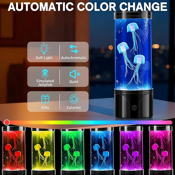 7 Color Jellyfish Lamp, Quiet Jelly Fish Night Light with USB and Battery Power,Relax Mood Aquarium Autism Fidget Sensory Birthday Christmas Gift for Kids Teen Men Women Home Office Table Room Decor - Bloomnest
