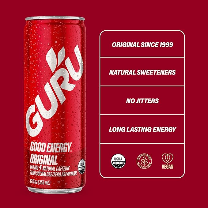 GURU Original Organic Energy Drinks, Clean Energy Drink with Plant Based Natural Caffeine from Green Tea, Gluten Free and Vegan, 140MG Caffeine, Healthy Drinks, 12oz (Pack of 12) - Bloomnest