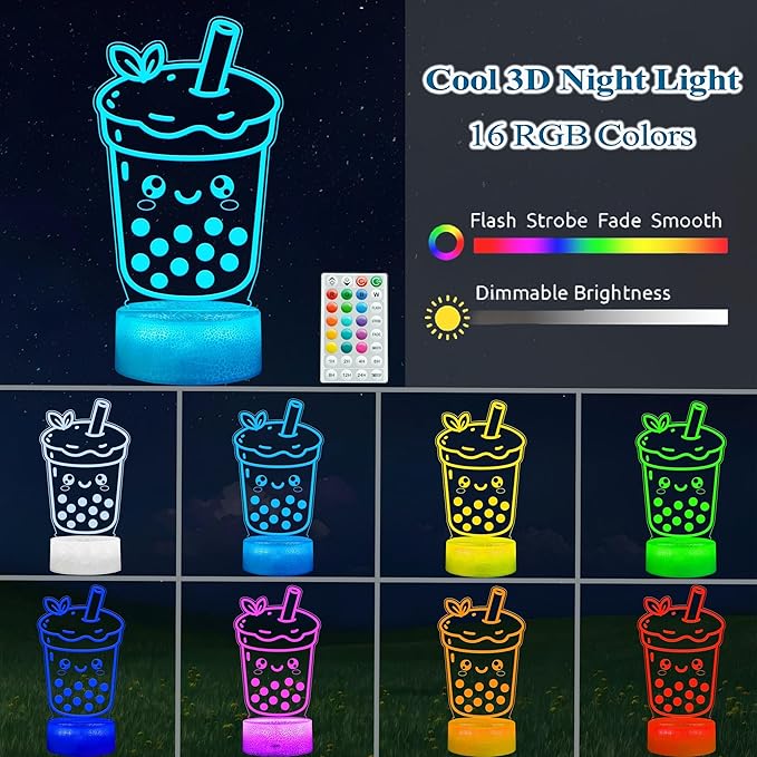 Boba Tea Night Light, Boba Lamp, 3D Illusion Lamp with Remote Control, 16 Color Changing, Timer, RGB Flashing Mode, Dimmable - Boba Gifts for Women & Girls - Bloomnest