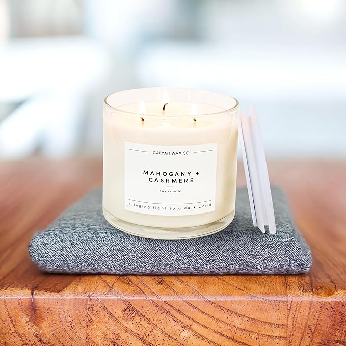 Calyan Wax Co. Mahogany & Cashmere 3 Wick Scented Candle - 43 Hour Burn - Luxury 3 Wick Soy Candles - Non Toxic Soy Wax Candles - Long Lasting Large Glass Jar Candle for Home - 14.9oz - Bloomnest